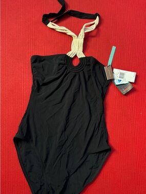 Black One-Piece Swimsuit with Cream Braided Halter